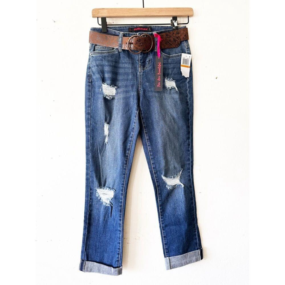 Dollhouse Junior's 3 Distressed Capris Skinny Leg Jeans With Belt